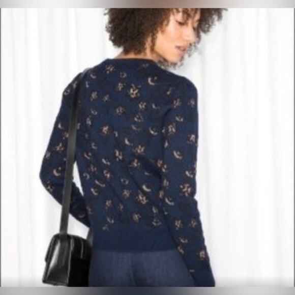 & Other Stories Wool Metallic Print Crewneck Sweater Navy Size XS - Picture 2 of 5
